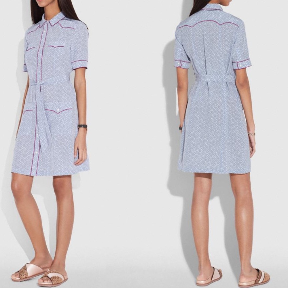 NWT Coach Blue Silk Star Print Western Shirt Dress